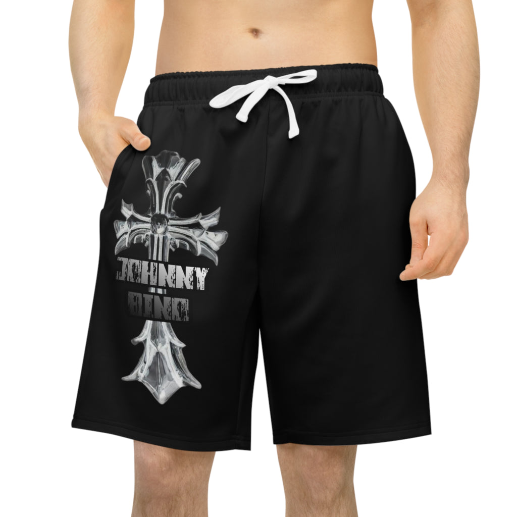 Black Athletic Shorts with Gothic Cross "Family & Kin" Graphic