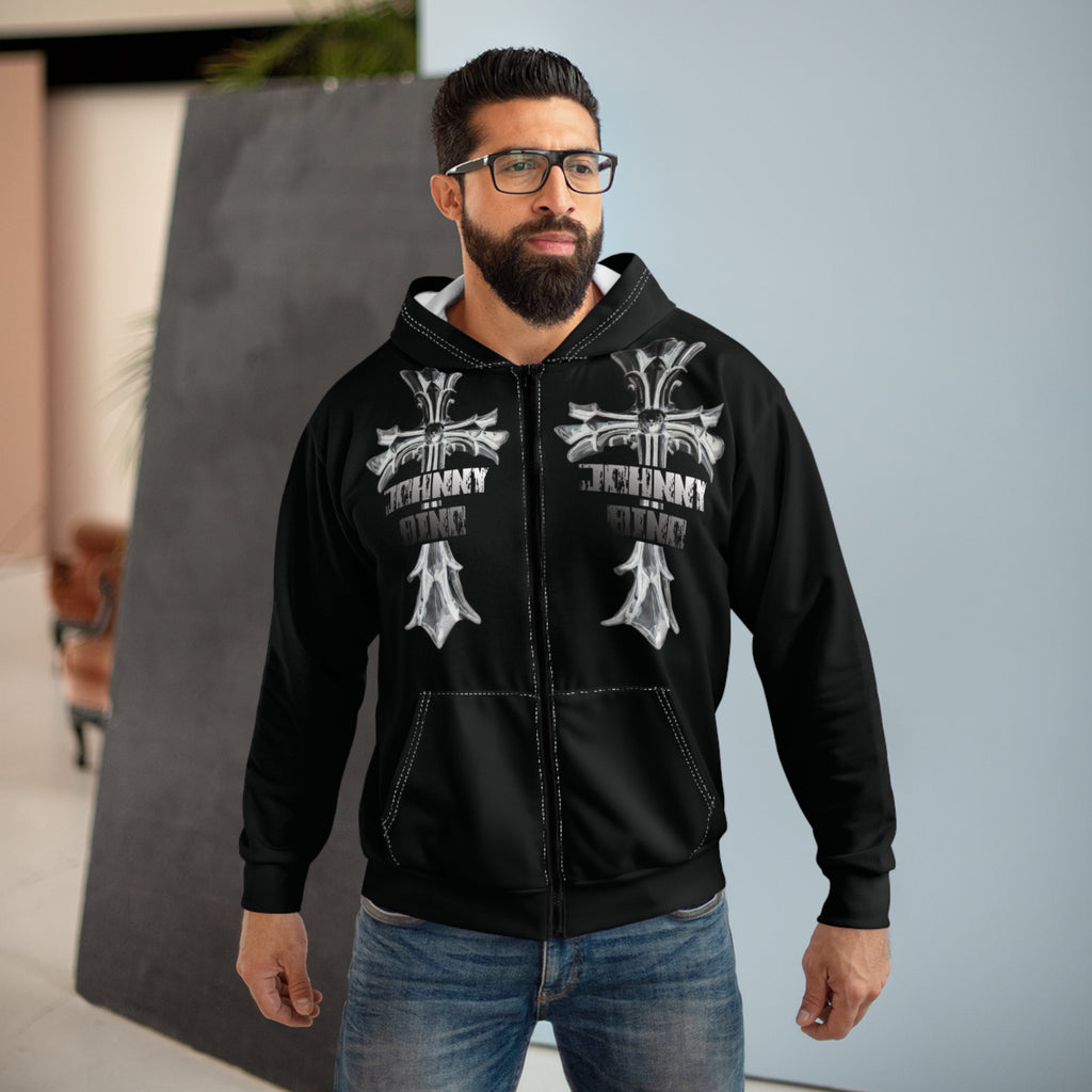 Zip Hoodie — 'Young Millionaire Made' Gothic Cross Full-Zip Hoodie