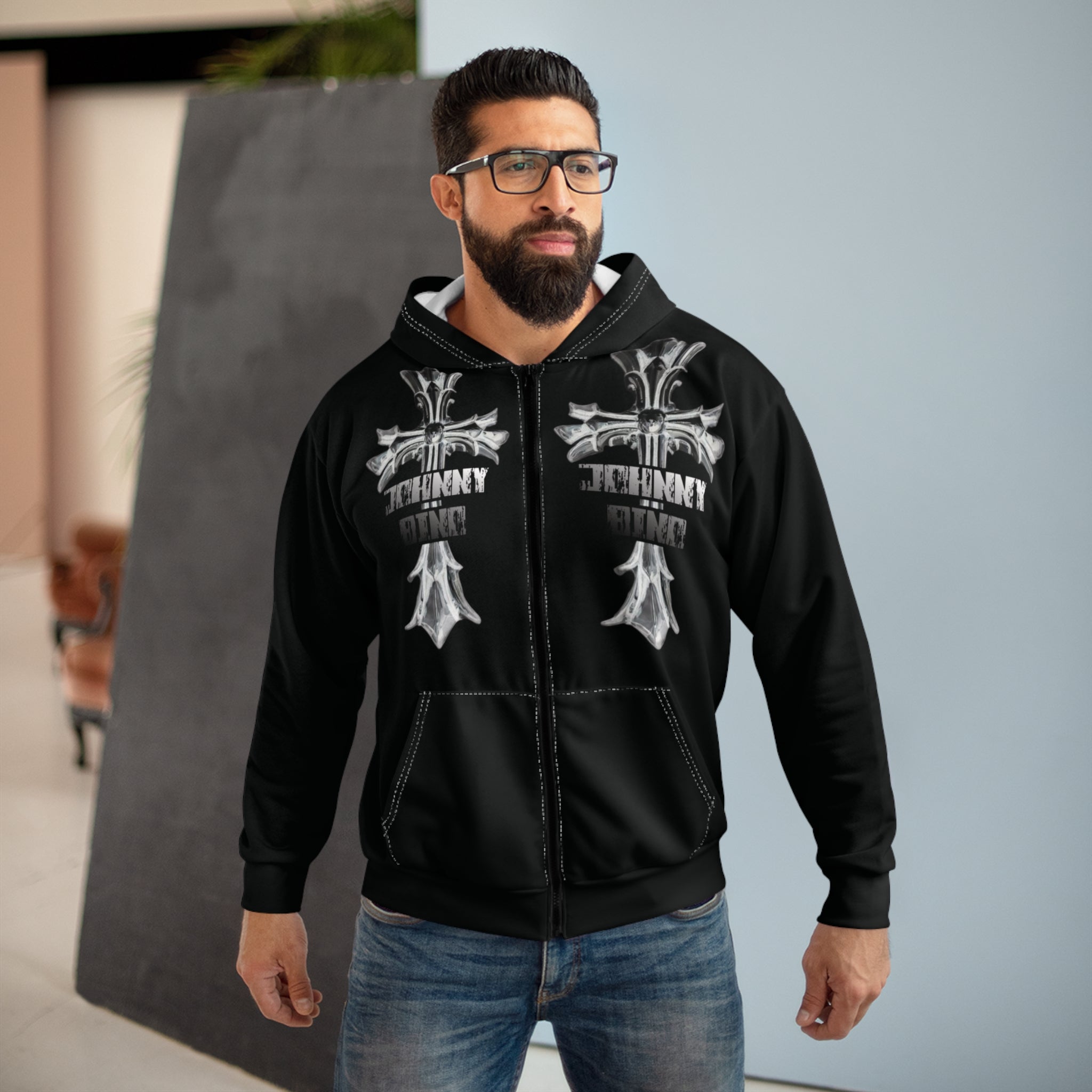 Zip Hoodie — 'Young Millionaire Made' Gothic Cross Full-Zip Hoodie