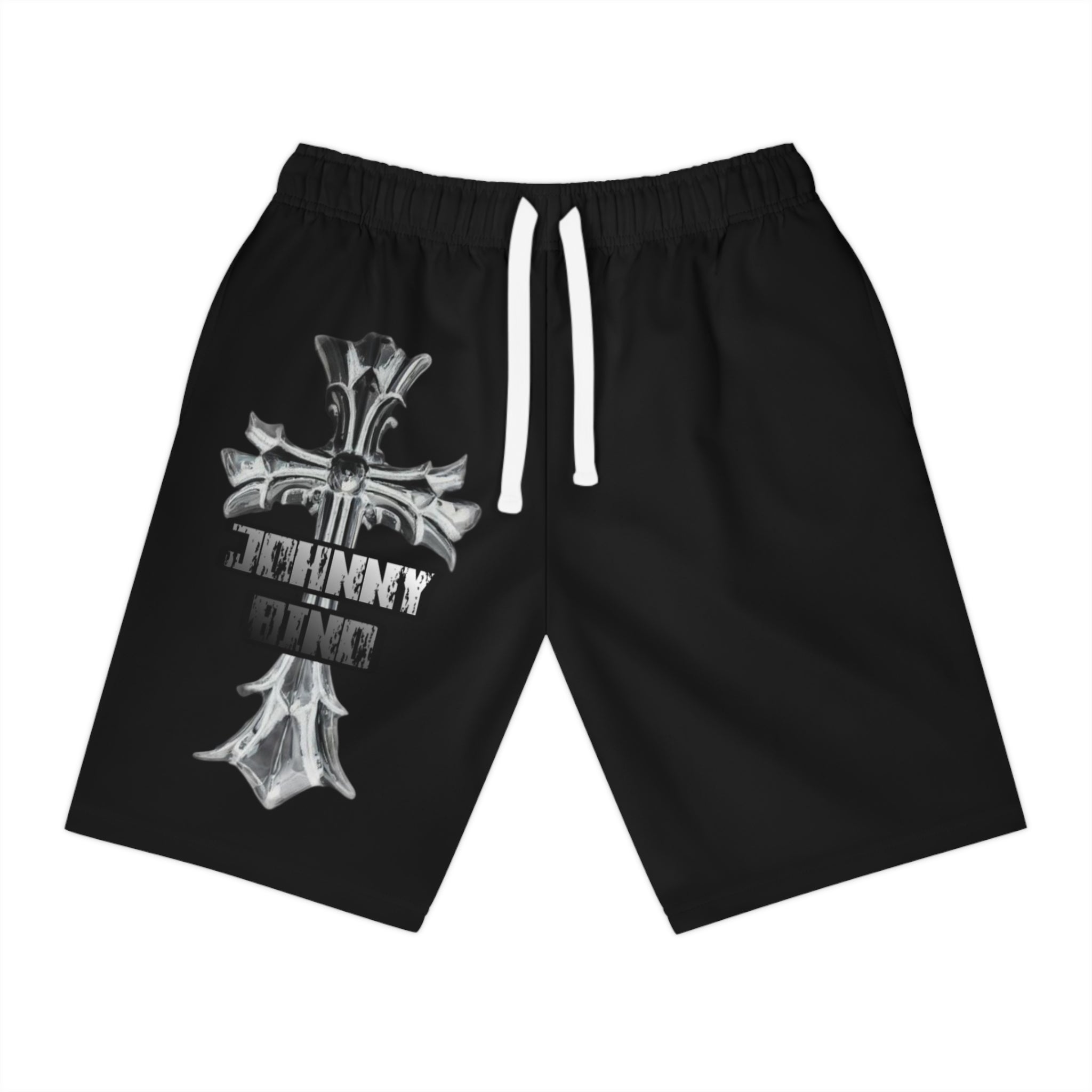 Black Athletic Shorts with Gothic Cross "Family & Kin" Graphic