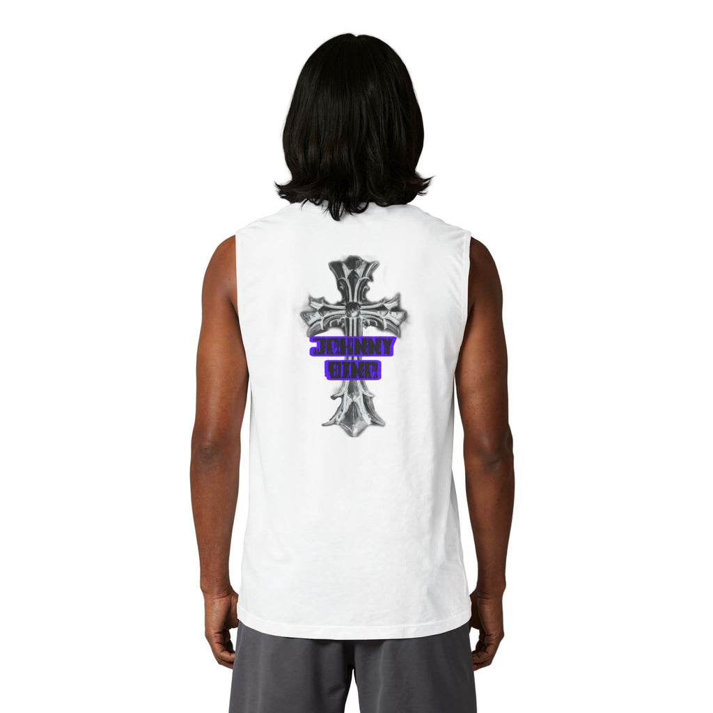 Cross Graphic Muscle Tank — 'Thin Blue Line' Purple Accent Christian Cross Tank Top