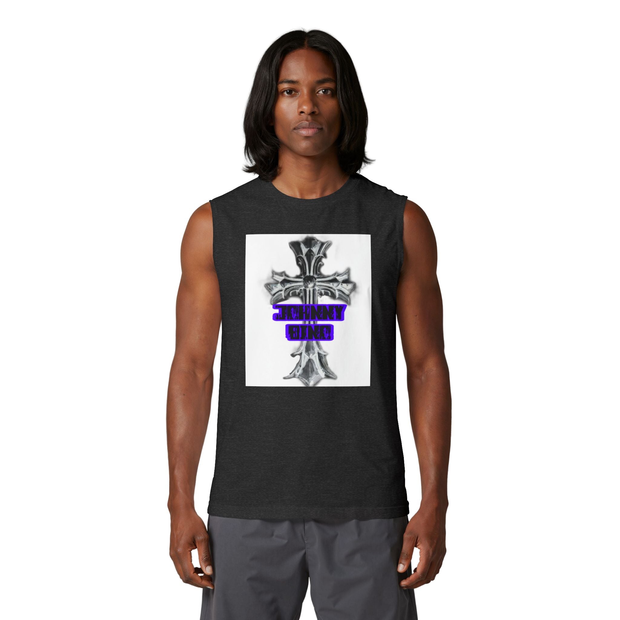 Cross Graphic Muscle Tank — 'Thin Blue Line' Purple Accent Christian Cross Tank Top