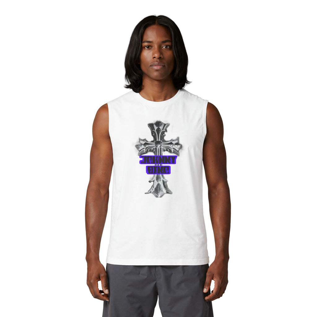 Cross Graphic Muscle Tank — 'Thin Blue Line' Purple Accent Christian Cross Tank Top