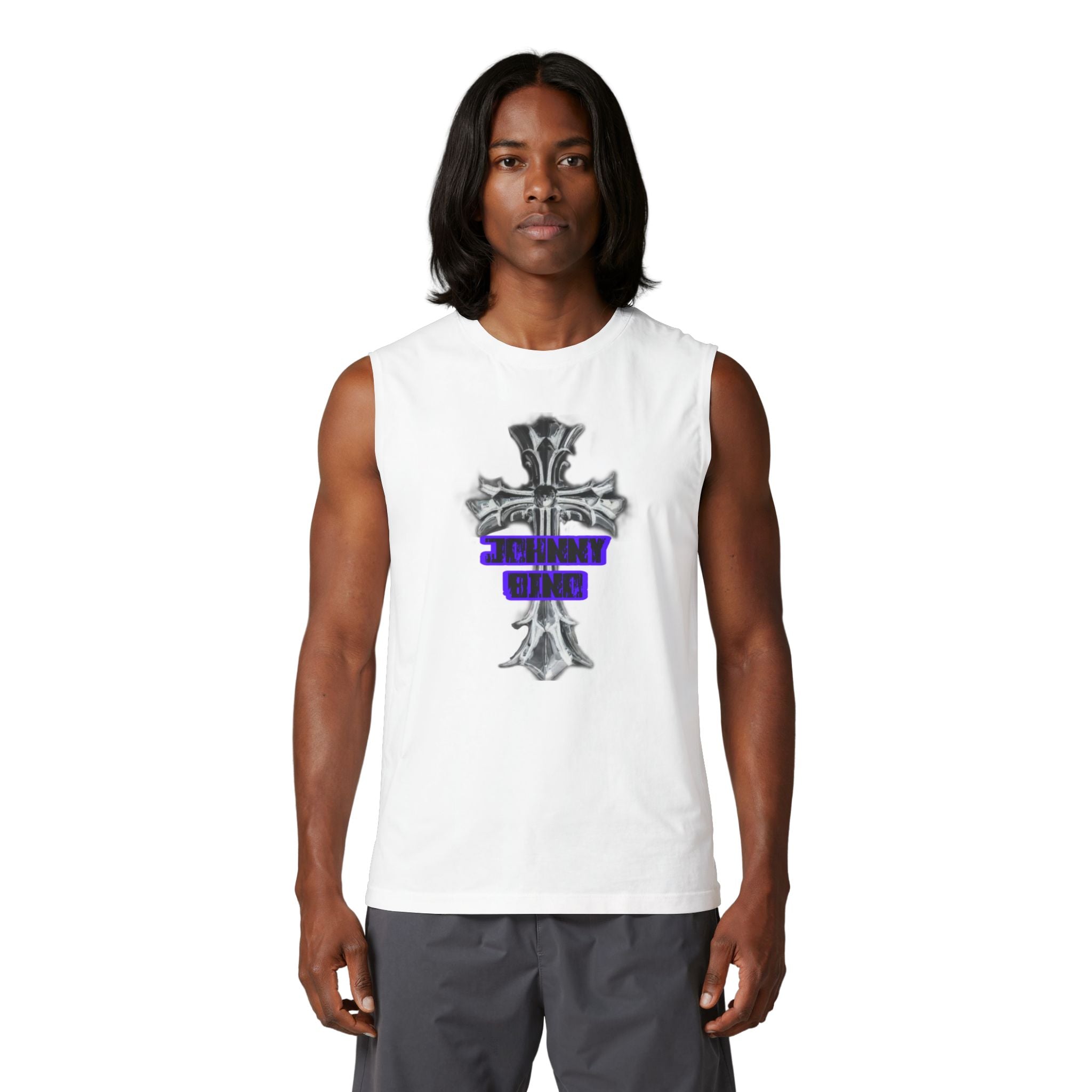 Cross Graphic Muscle Tank — 'Thin Blue Line' Purple Accent Christian Cross Tank Top