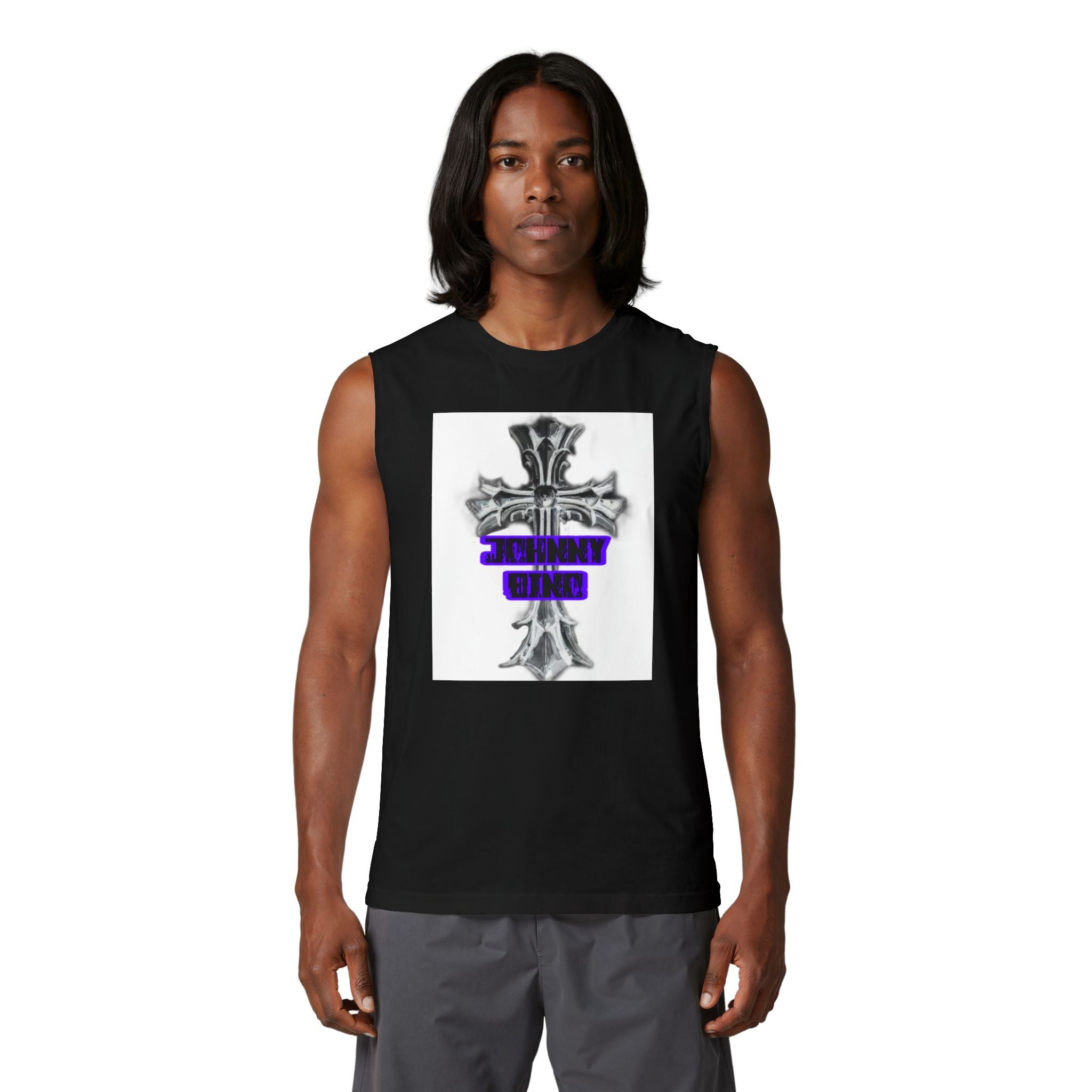 Cross Graphic Muscle Tank — 'Thin Blue Line' Purple Accent Christian Cross Tank Top