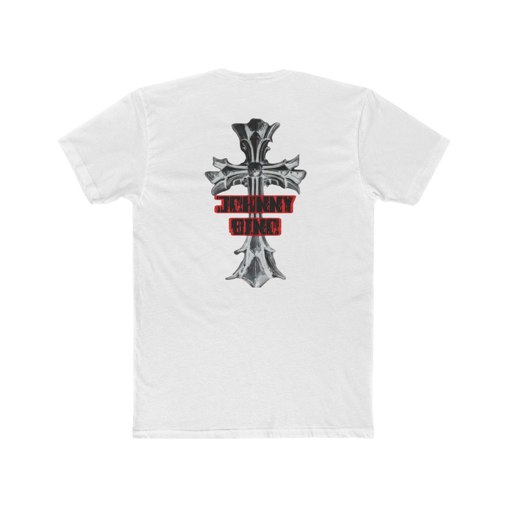 T-Shirt — Gothic Cross Graphic Tee with 'JOHNNY BINO' Text