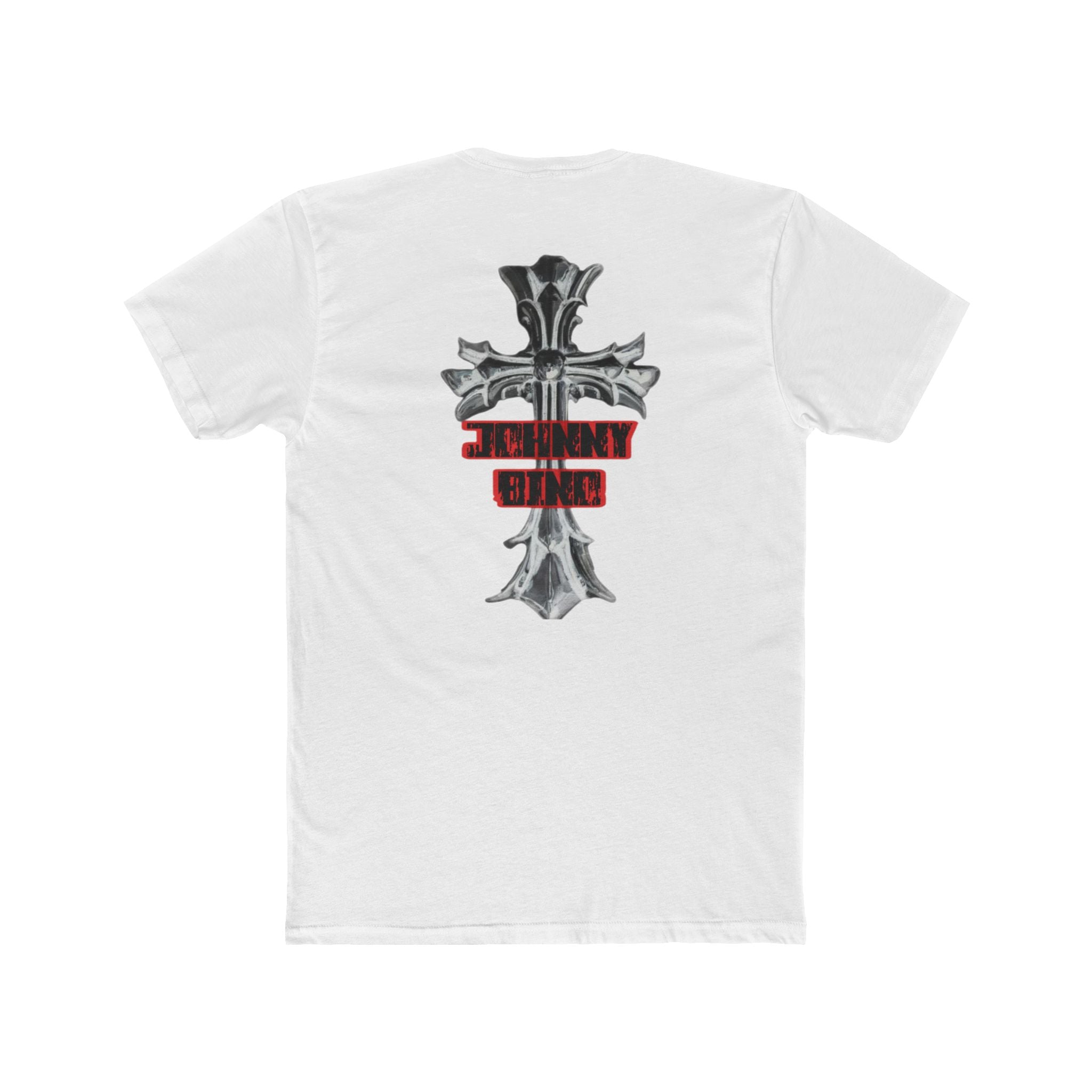 T-Shirt — Gothic Cross Graphic Tee with 'JOHNNY BINO' Text