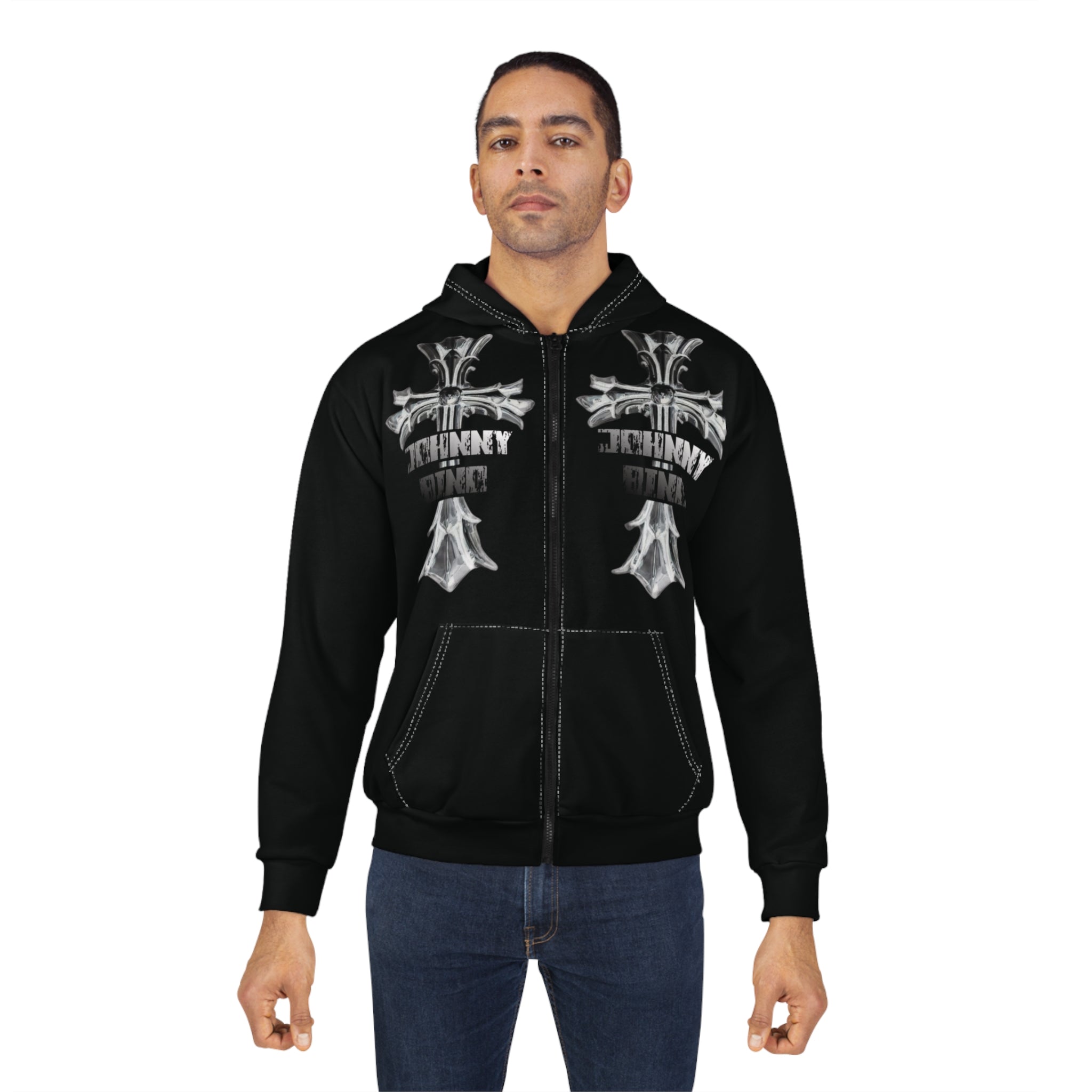 Zip Hoodie — 'Young Millionaire Made' Gothic Cross Full-Zip Hoodie