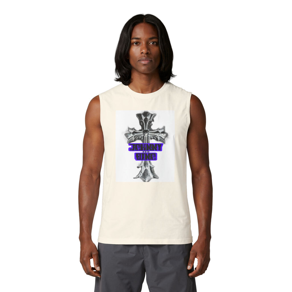 Cross Graphic Muscle Tank — 'Thin Blue Line' Purple Accent Christian Cross Tank Top